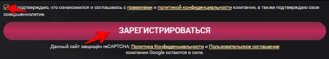 Прочтите пользовательское соглашение и подтвердите регистрацию в казино.